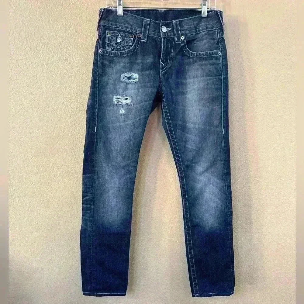 True Religion “Skinny” With Flap Jeans With Distressing And Patches Size 28 EUC!